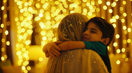 six year old boy hugs his mother wearing a hijab in the evening light - 764296420