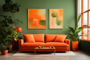 Interior of modern living room with orange sofa, coffee table and plants