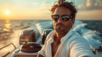 A man in a white shirt and sunglasses on a boat.