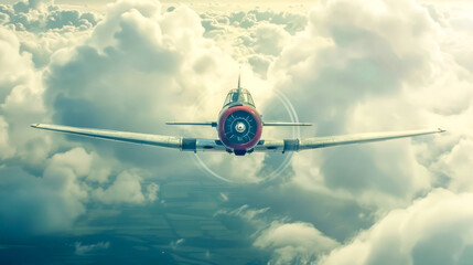 Vintage airplane soaring above clouds