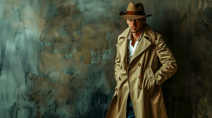 Mysterious man in trench coat posing against grunge background