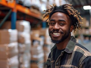 A man with dreadlocks smiling in a warehouse.