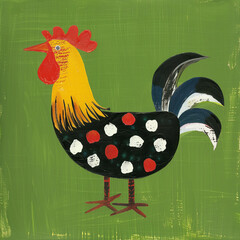 Funny card for birthday. Portrait of rooster on bright green background - 764296658