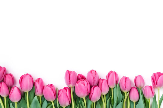 Pink tulips on white background with copy space for your text.