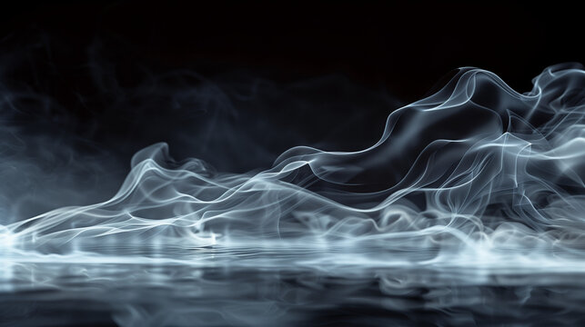 Transparent smoke flowing over a dark, reflective surface, Underlighting to create a dramatic effect and showcase the smoke's forms