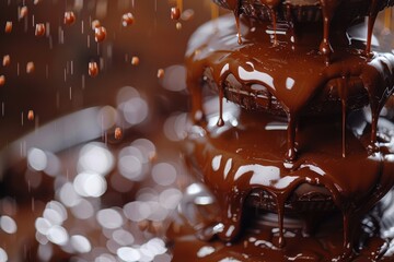 Luxurious chocolate fountain close-up with indulgent flowing chocolate - obrazy, fototapety, plakaty