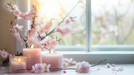 Pink burning candles on a table by the window with a vase with blooming sapura - 764296813