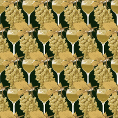 Seamless pattern with realistic bunches of green grapes and glasses of white wine on black backdrop. Vector background on the theme of wine. Suitable for wallpaper, wrapping paper or fabric - 764296835