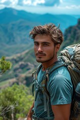 Obraz premium A man with a backpack on top of a mountain.
