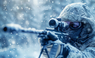 Winter Sniper in Snowy Landscape - obrazy, fototapety, plakaty