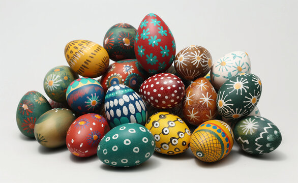 A pile of painted eggs sitting on top of each other