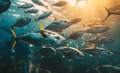 Majestic Bluefin Tuna in Sunlit Waters. Bluefin Majesty: Ocean Symphony in Gold and Silver.
