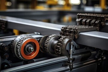 Intricate design of a conveyor belt tensioner captured in an industrial environment with surrounding machinery