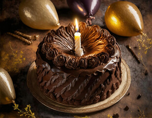 Um bolo de chocolate com uma vela acesa, sobre uma mesa decorada para festa, com balões dourados ao redor. - obrazy, fototapety, plakaty
