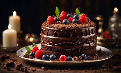 Fototapeta na wymiar Chocolate Berry Cake, Experience pure bliss with our luscious Chocolate Berry Cake