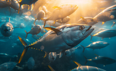 Majestic Bluefin Tuna in Sunlit Waters. Bluefin Majesty: Ocean Symphony in Gold and Silver.