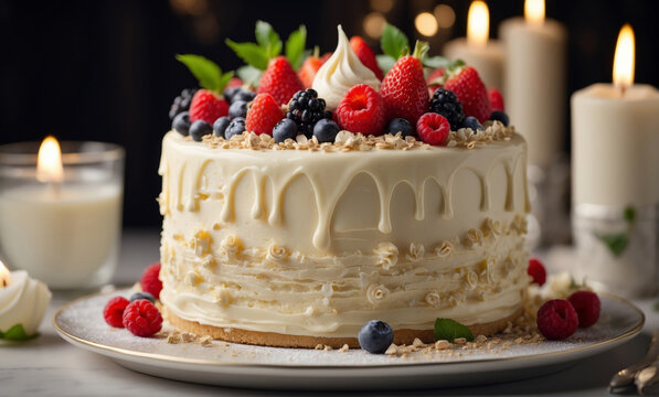 Beautiful vanilla cream cake with berries crafted in the style of American traditional cuisine