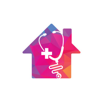 Stethoscope cross home shape logo design. Medical health vector health logo with cross and stethoscope icon symbol.