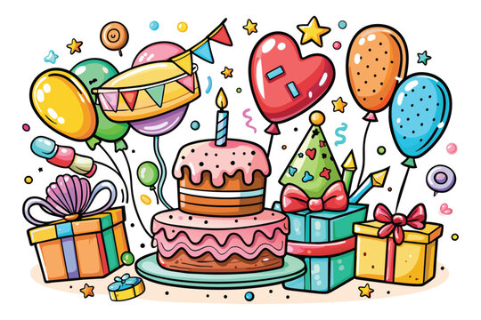 Celebration Doodles are d in black pen and colored in with pale shades of pink, red, green, blue, purple, orange, and yellow - Hearts, flowers, balloons, sparkler, fireworks, cake, cupcake, champagne 
