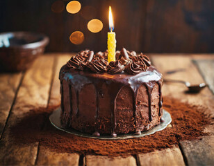 Um bolo de chocolate com cobertura cremosa e uma vela acesa, sobre superfície de madeira com muito chocolate em pó esparramado. Bokeh de luzes ao fundo. - obrazy, fototapety, plakaty