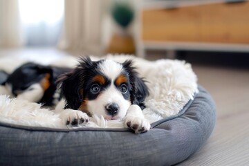 Beautiful puppy lying on soft dog bed in home interior