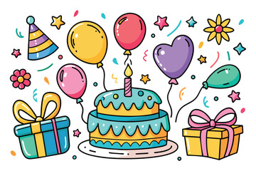 Cartoon birthday party decoration elements, cakes with candles. Colorful bunting flags, balloons, party hats, gift boxes, candies vector set