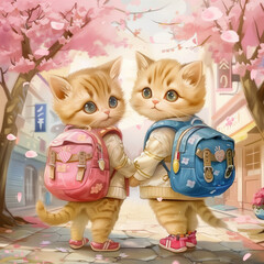 two fashionably dressed red kittens with backpacks go to school along a street with blooming pink trees - 764297276