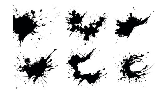 Black ink spots set isolated on white background. Set of black splashes. Vector illustration. Set of black ink splatters on transparent background. Grunge spray drop spatter, dirty blot splatters