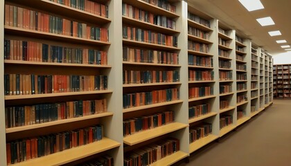 Rows of bookcases in the public library interior space for world book day created with generative ai