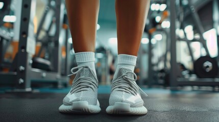 Close-up of female feet wearing light gray knitted socks and white sneakers. She is standing on the gym floor with sports equipment in the background, in the gym, low angle shot. - obrazy, fototapety, plakaty