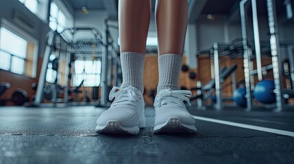 Close-up of female feet wearing light gray knitted socks and white sneakers. She is standing on the gym floor with sports equipment in the background, in the gym, low angle shot. - obrazy, fototapety, plakaty