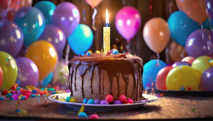 Um bolo de chocolate com cobertura e uma vela acesa, com balões coloridos ao fundo. Mesa decorada para festa. - obrazy, fototapety, plakaty