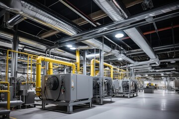 The complexity of an industrial HVAC unit is highlighted against the backdrop of a spacious warehouse - obrazy, fototapety, plakaty