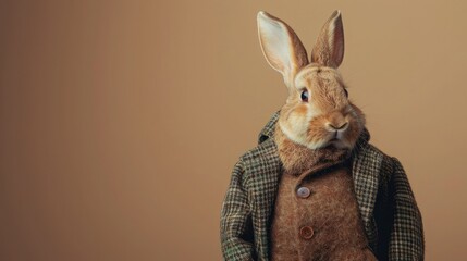 Close-up of a cute bunny wearing a tweed coat, against a plain background with soft light and shadow in the style of a commercial advertisement.