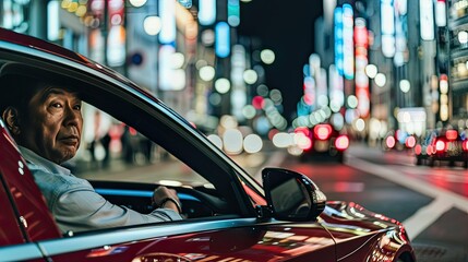 A handsome Japanese man in his late thirties driving a red car during a photo shoot for a magazine. City street background shot with a wide angle lens. - obrazy, fototapety, plakaty