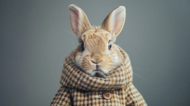 Close-up of a cute bunny wearing a tweed coat, against a plain background with soft light and shadow in the style of a commercial advertisement.