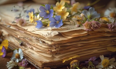 Close-up of wildflowers pressed between pages of an old book