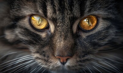Close-up portrait of a Maine Coon cat showcasing its striking amber eyes