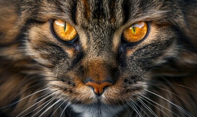 Close-up portrait of a Maine Coon cat showcasing its striking amber eyes - Powered by Adobe
