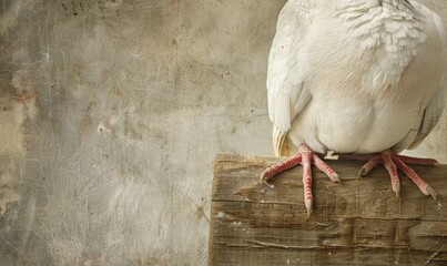 Close-up view of a white pigeon's delicate feet resting on a wooden fence