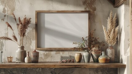 Rustic wood framed layout on an old wooden sideboard, decorated with dried and green plants and vases, against a minimalist wall in earthy tones. Sunlight creates a cozy atmosphere.