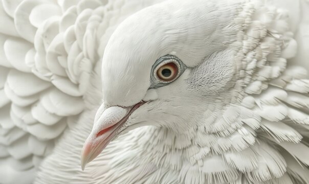 Close-up portrait of a white pigeon showcasing intricate feather details