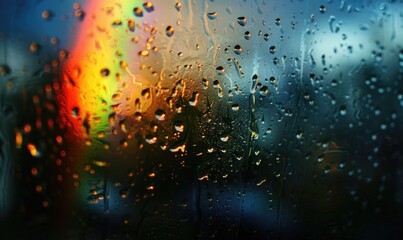 Colorful rainbow after spring rain, rainbow on dark cloudy sky