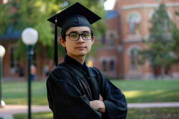 Happy male graduate student in graduation gown and cap standing on a college campus