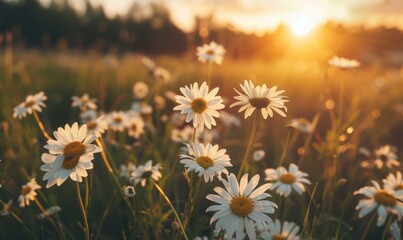 Daisies in a field at sunset, fields and meadows, spring nature background - obrazy, fototapety, plakaty