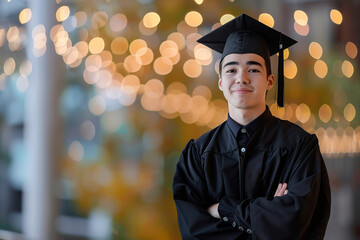 Happy male graduate student in graduation gown and cap standing on a college campus
