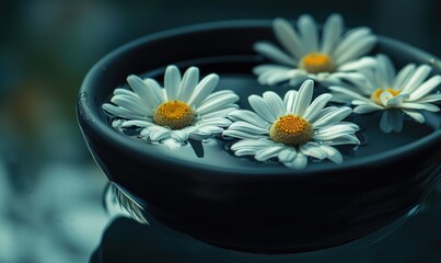 Daisies floating in a bowl of water, close up