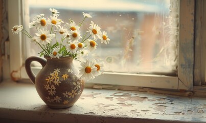 Daisies in a vintage vase on a windowsill