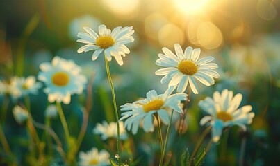 Daisies in a field at sunset, fields and meadows, spring nature background