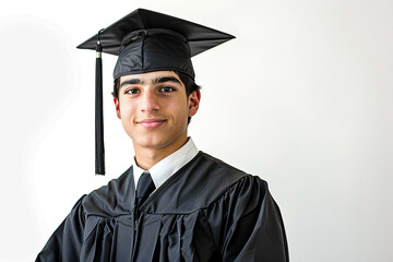 Happy male graduate student in graduation gown and cap on white background